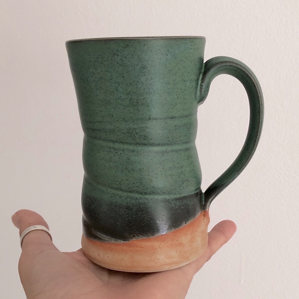 Handmade Green Studio Pottery Ceramic Mug with Earth-Tone Base Large